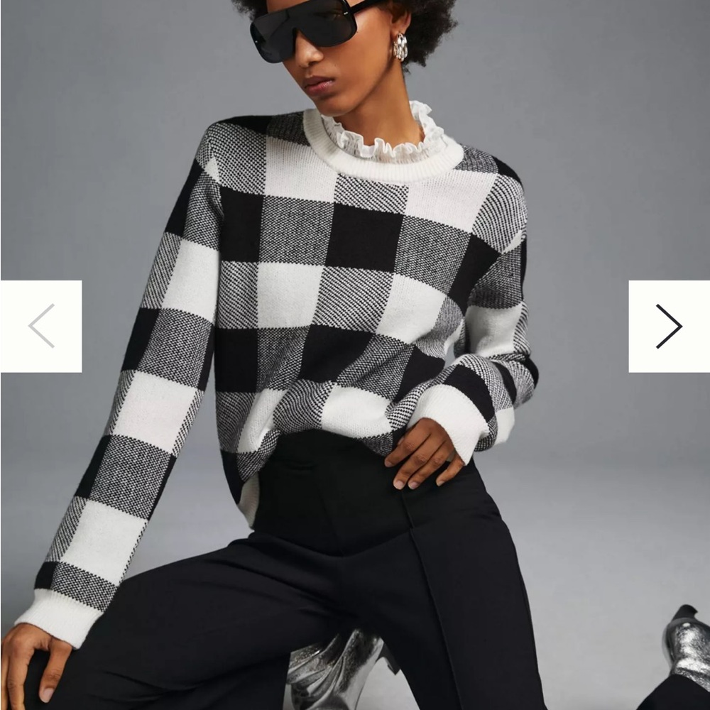 ENGLISH FACTORY BY ANTHROPOLOGIE plaid sweater size S black white ruffle collar